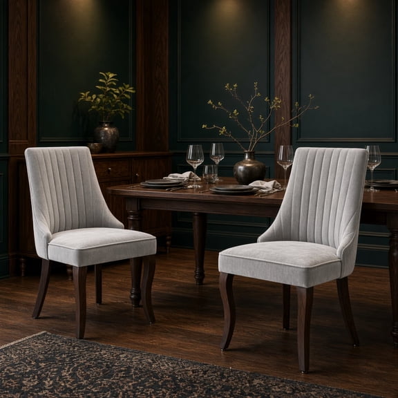 Dining Chairs Set of 2, Channel Upholstered Kitchen Chairs with Curved Solid Wood Legs & High Back, Accent Chairs for Dining Room, Grey