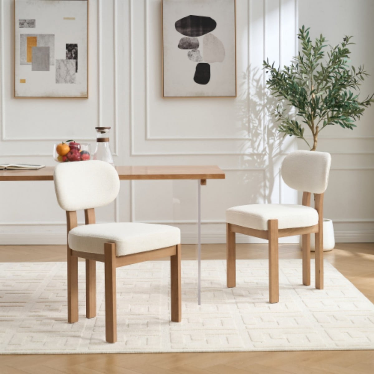 Dining Chairs Set of 2, Chenille Upholstered Wood Kitchen Chairs, 3.95" Thick Foam Cushion Wingback Dining Room Chairs, Beige