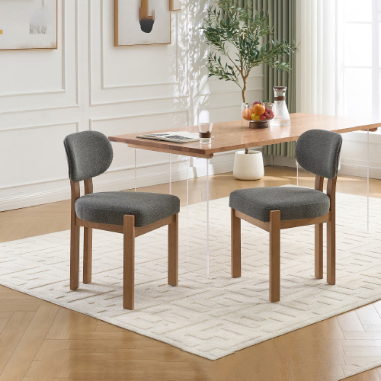 Dining Chairs Set of 2, Chenille Upholstered Wood Kitchen Chairs, 3.95" Thick Foam Cushion Wingback Dining Room Chairs, Grey