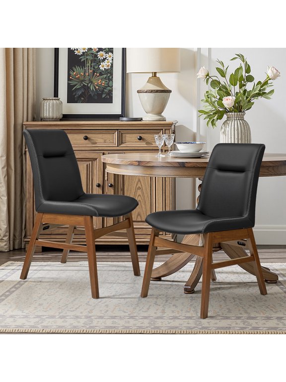 Leather Dining Chairs Set of 2 with Solid Wood Legs and Elegant Stitching for Kitchen and Dining Room, Black