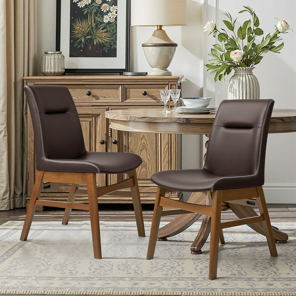 Dining Chairs Set of 2, Embroidered Leather Dining Chairs for Kitchen, Dining Room, Brown
