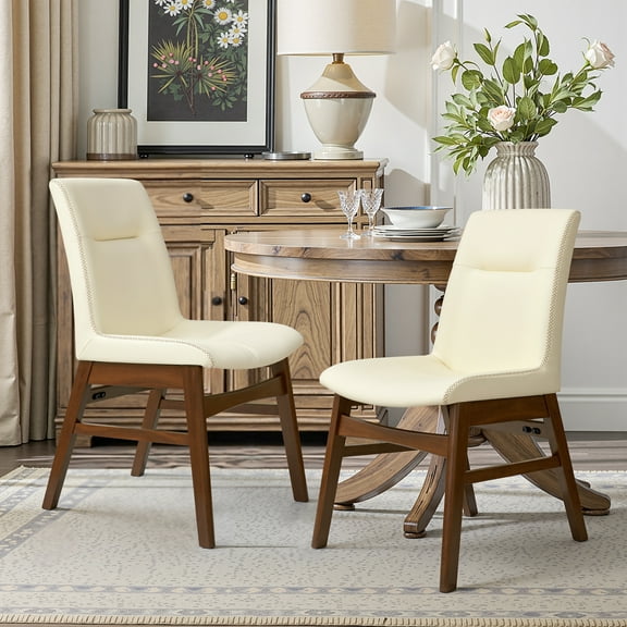 DyFun Leather Dining Chairs Set of 2 with Solid Wood Legs and Elegant Stitching for Kitchen and Dining Room, Ivory