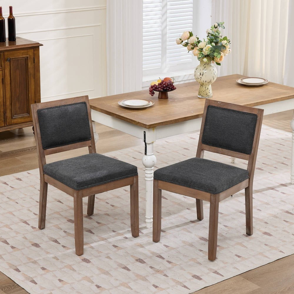 Dining Chairs Set of 2, Farmhouse Upholstered Wooden Chairs, Mid Century Modern Side Chairs with Cushioned Seat & Backrest, Gray