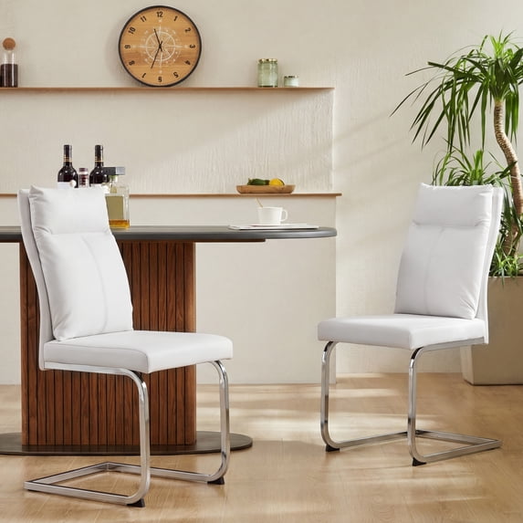 Dining Chairs Set of 2, Faux Leather with Thick Cushion and C-Shape Chrome Base, Modern Kitchen and Living Room Chairs, White