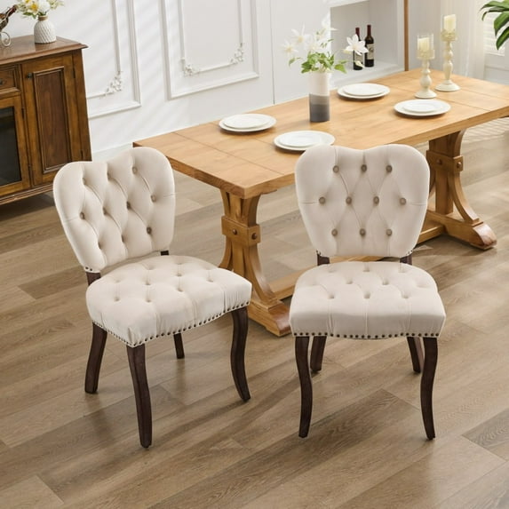 Dining Chairs Set of 2 , French Vintage Tufted Upholstered Fabric Dining Chair ,  Solid Wood Legs , High Back Dinner Chair