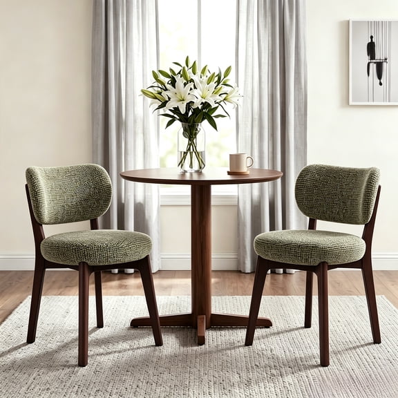 Dining Chairs Set of 2,Linen Upholstered Fabric Kitchen Chairs,Mid-Century Modern Armless Wooden Chairs,Green