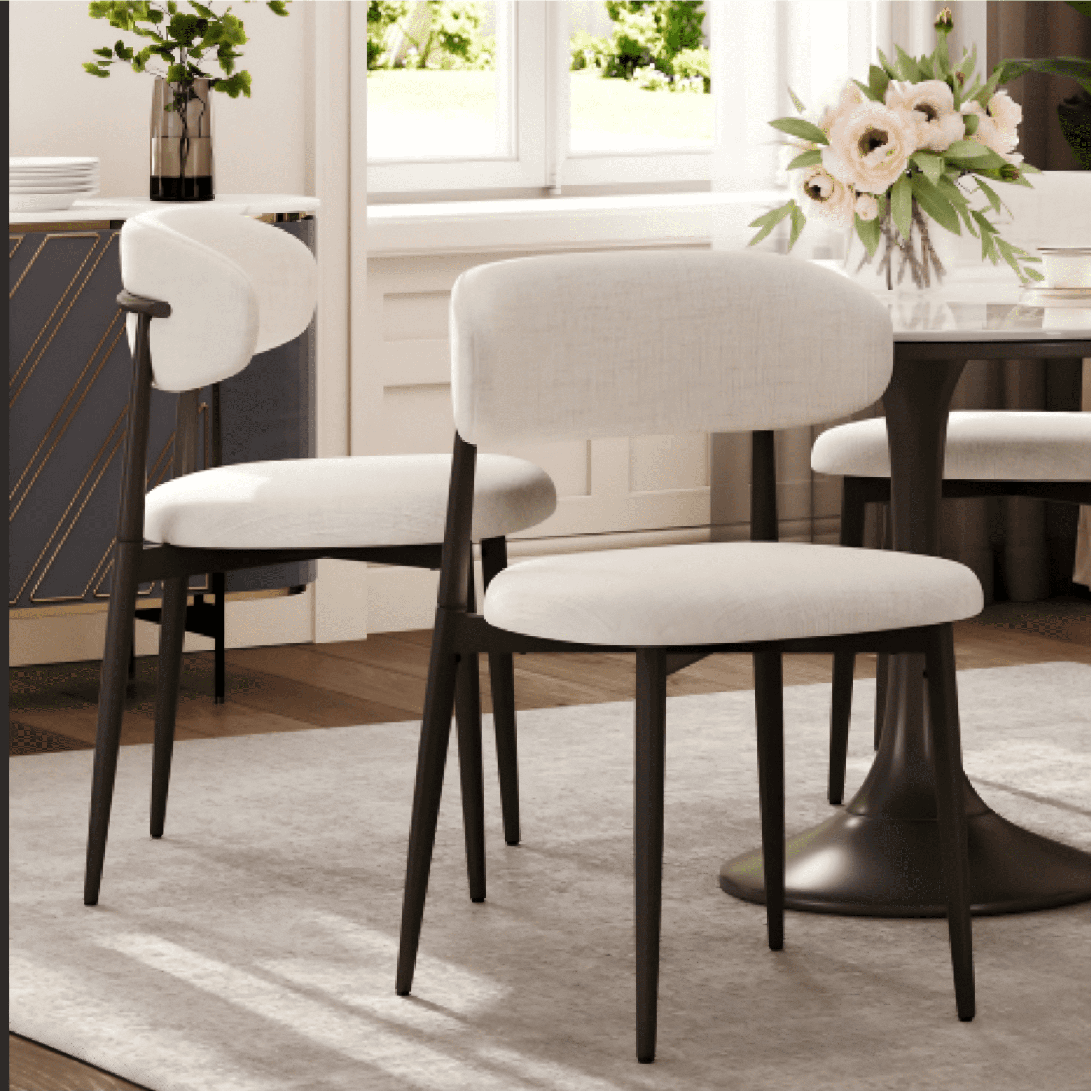 Dining Chairs Set of 2, Metal Kitchen Chairs with Modern Fabric Upholstered, Beige