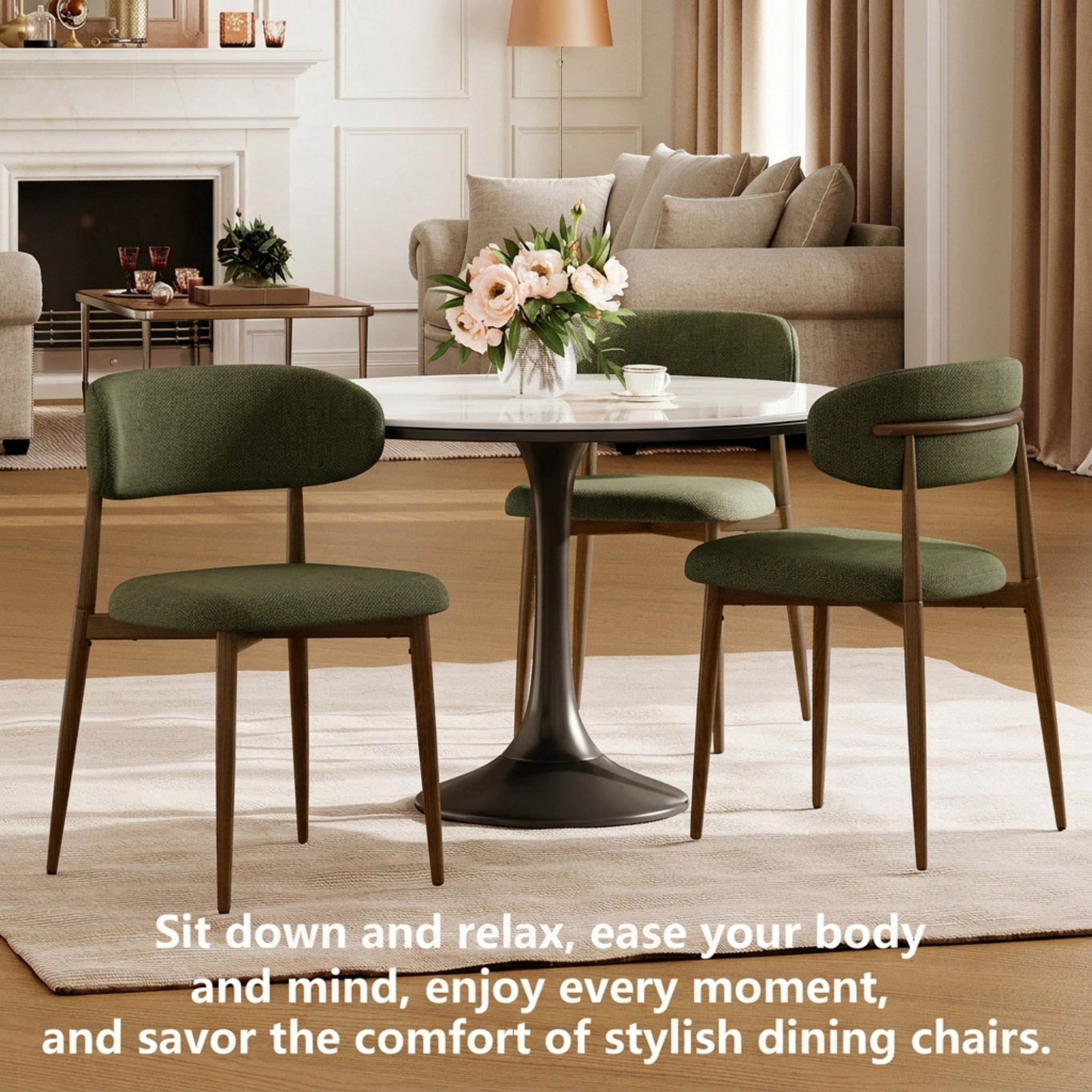 Dining Chairs Set of 2, Metal Kitchen Chairs with Upholstered Seat and Back, Modern Dining Room Chairs for Home and Cafe, Green Seat
