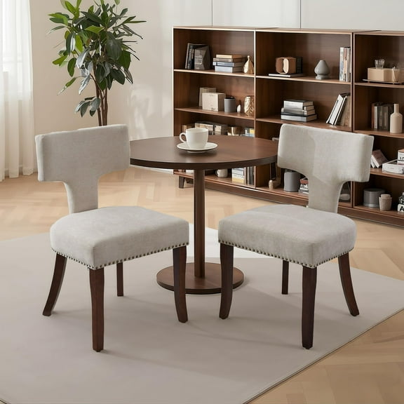 Dining Chairs Set of 2, Mid Century Farmhouse Linen Fabric Upholstered Chair with Nails Ring, Kitchen Chairs Dining Chair