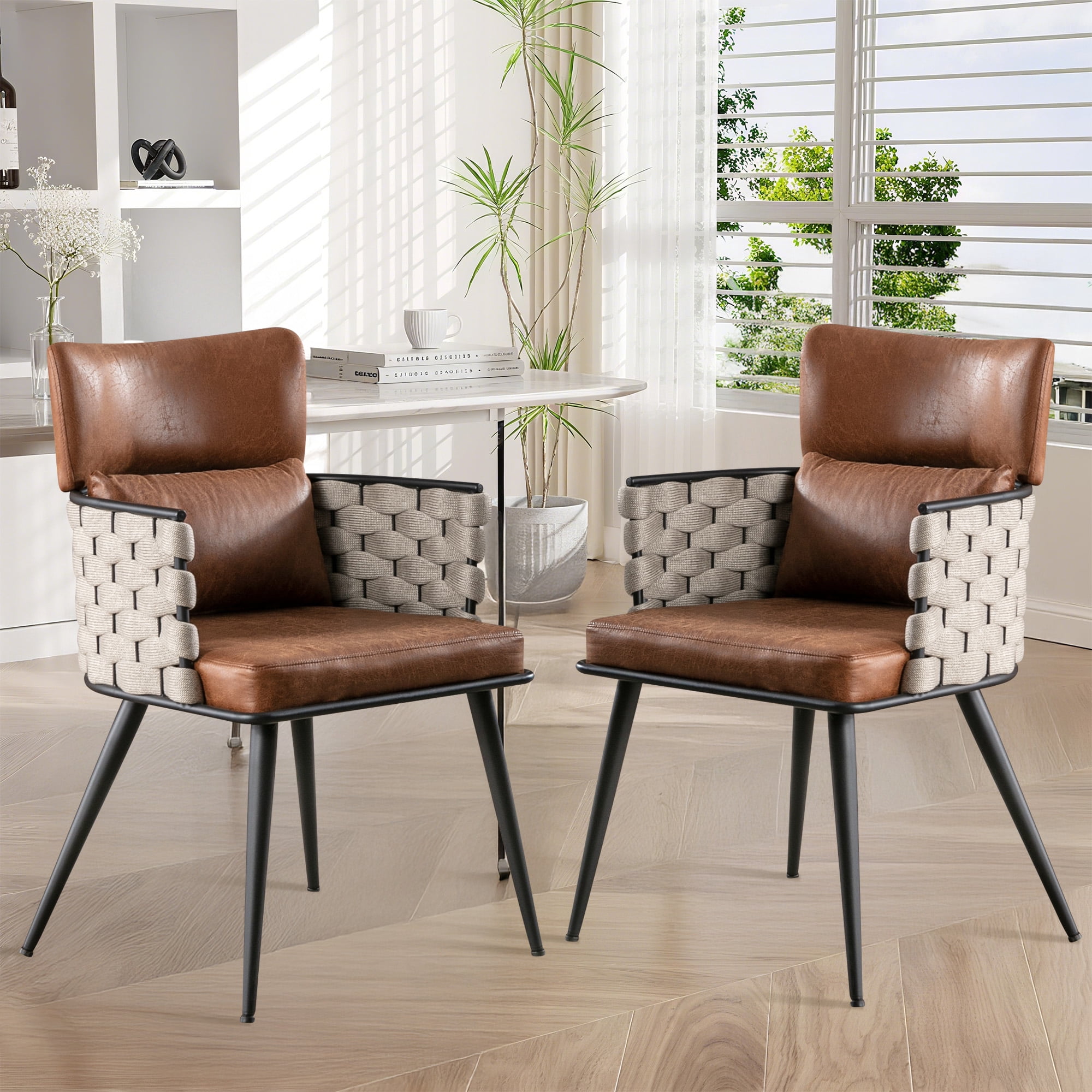 Dining Chairs Set of 2, Mid-Century Modern Dining Chairs with Metal Legs, Faux Leather Handmade ...