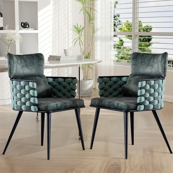 Dining Chairs Set of 2, Mid-Century Modern Dining Chairs with Metal Legs, Upholstered Velvet Handmade Woven Kitchen Chairs for Kitchen, Living Room
