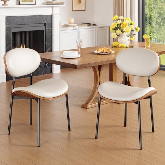 Sailvan White Dining Chairs Set of 2, Mid Century Leather Dining Chairs For Kitchen, Modern Living Room Chairs With Adjustable Feetpads, Easy Assembly, Beige, 300LBS