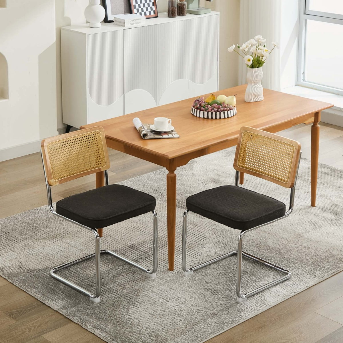 Dining Chairs Set of 2, Mid Century Modern Velvet Accent Chairs with Natural Rattan Back, Chrome Cantilever Base, Black
