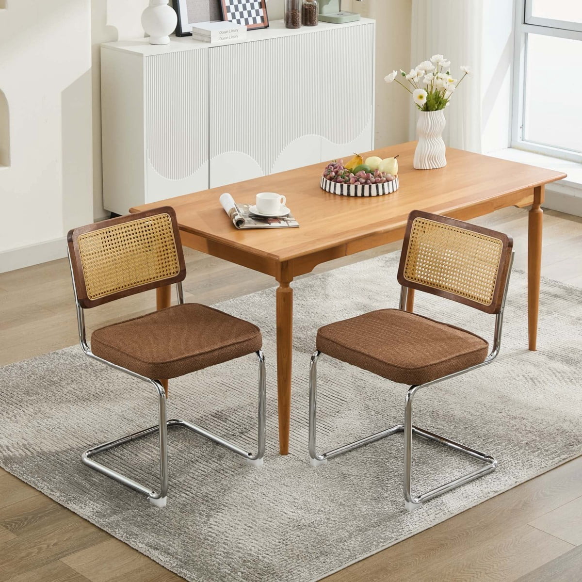 Dining Chairs Set of 2, Mid Century Modern Velvet Accent Chairs with Natural Rattan Back, Chrome Cantilever Base, Coffee