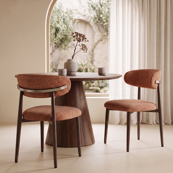 Dining Chairs Set of 2, Modern Bouclé Fabric Upholstered Kitchen & Dining Room Chairs with Ergonomic Back, Walnut Wood-Grain Metal Legs, Brown