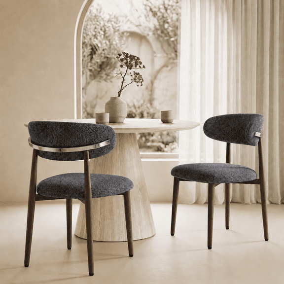 Dining Chairs Set of 2, Modern Bouclé Fabric Upholstered Kitchen & Dining Room Chairs with Ergonomic Back, Walnut Wood-Grain Metal Legs, Dark Gray
