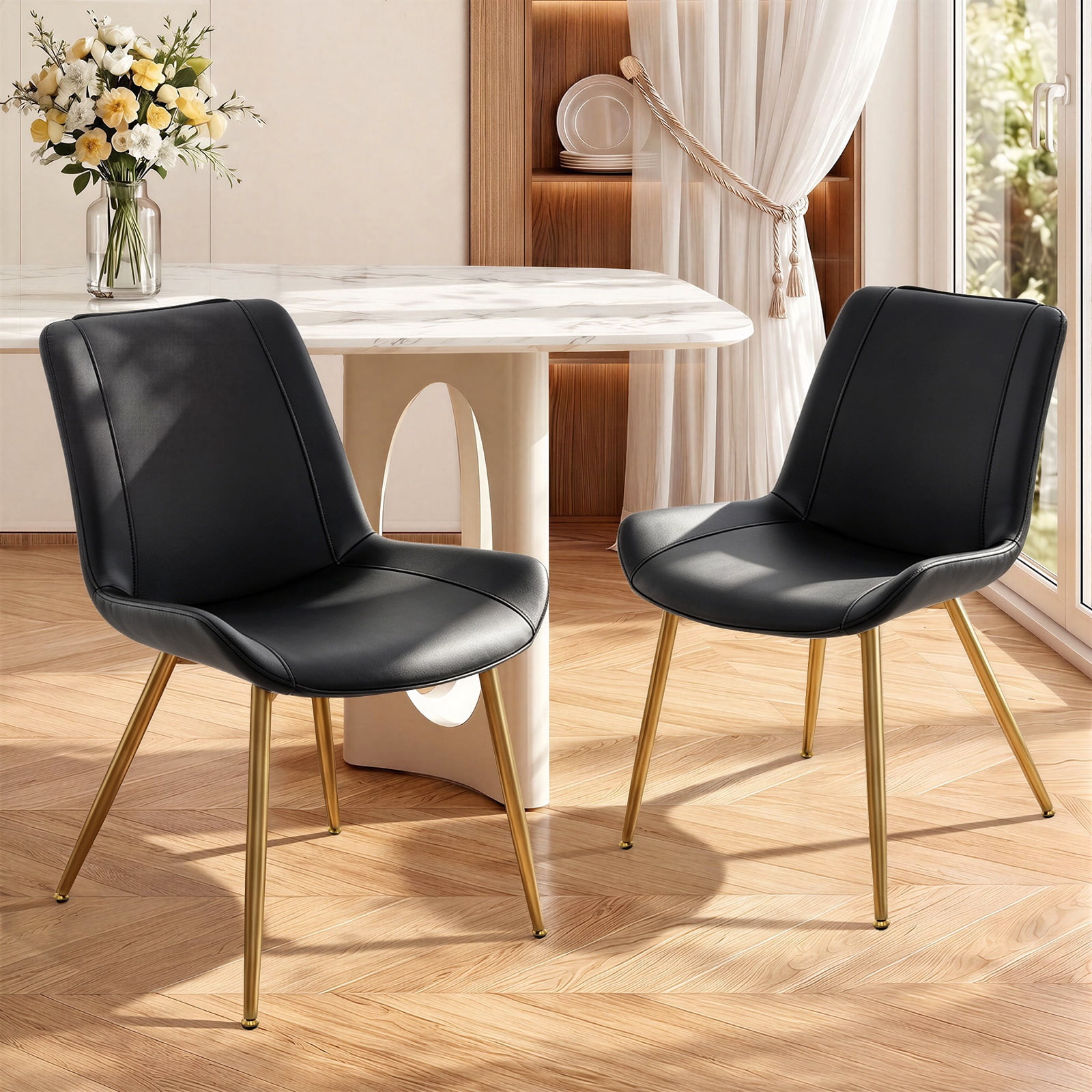 Modern Faux Leather Dining Chairs Set of 2, Upholstered Kitchen & Dining Room Chairs with Backrest, Durable Metal Legs(Black, Gold Legs)