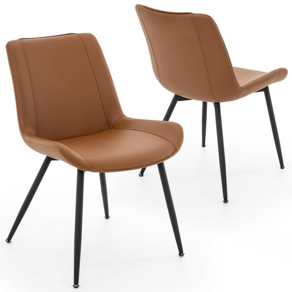 Modern Faux Leather Dining Chairs Set of 2 with Backrest, Sturdy Metal Legs, Upholstered Kitchen Dinning Room Chair(Brown, Black Legs)