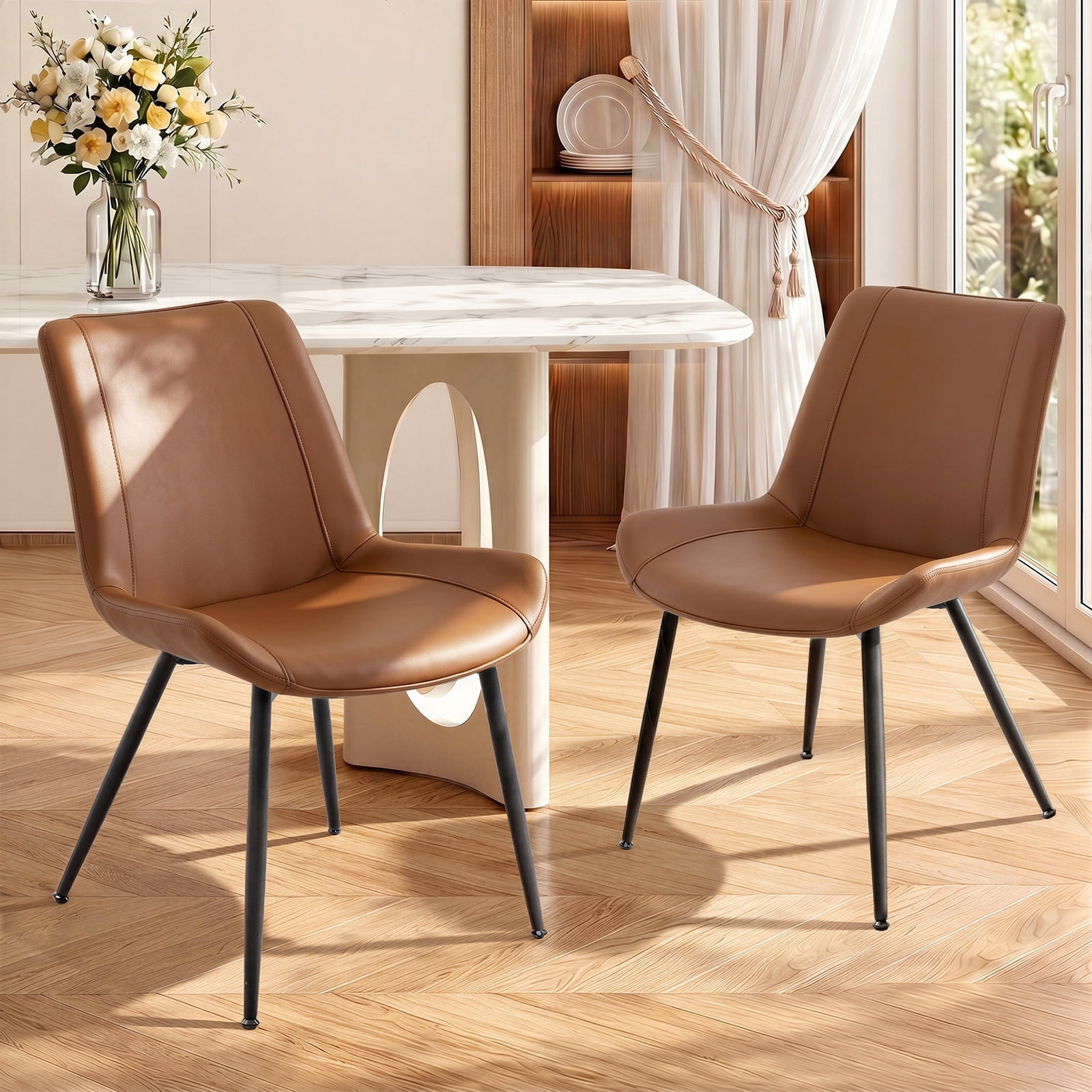Modern Faux Leather Dining Chairs Set of 2, Upholstered Kitchen & Dining Room Chairs with Backrest, Durable Metal Legs(Brown, Black Legs)