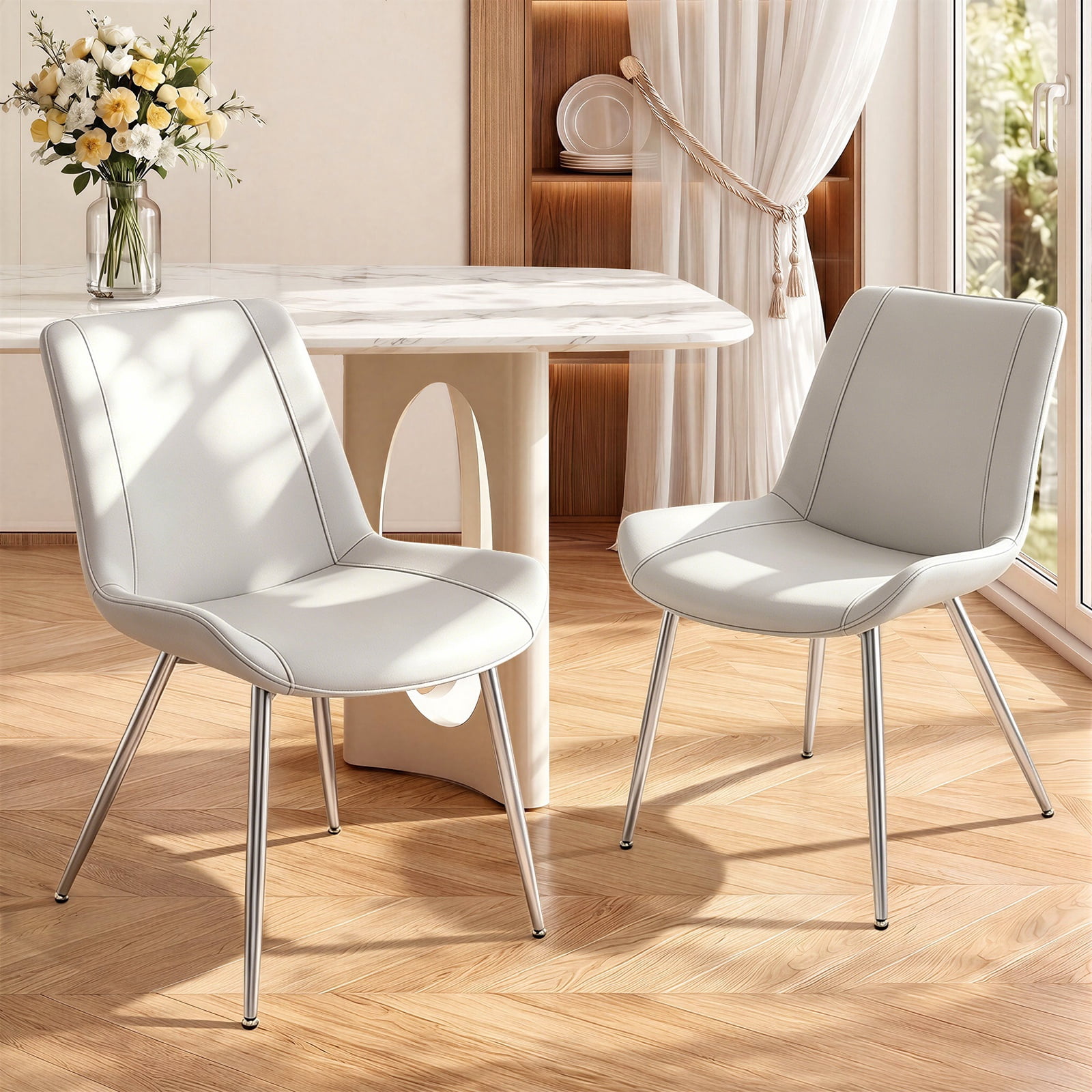 Modern Faux Leather Dining Chairs Set of 2, Upholstered Kitchen & Dining Room Chairs with Backrest, Durable Metal Legs(Grey, Silver Legs)