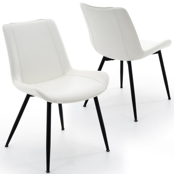 Modern Faux Leather Dining Chairs Set of 2 with Backrest, Sturdy Metal Legs, Upholstered Kitchen Dinning Room Chair(White, Black Legs)