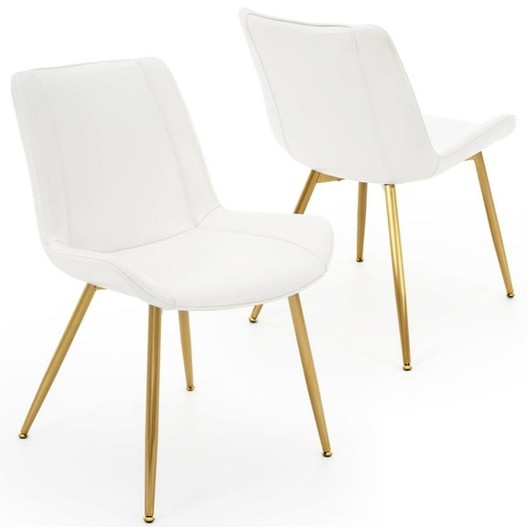 Modern Faux Leather Dining Chairs Set of 2 with Backrest, Sturdy Metal Legs, Upholstered Kitchen Dinning Room Chair(White, Gold Legs)