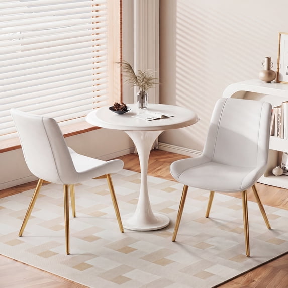 Modern Faux Leather Dining Chairs Set of 2, Upholstered Kitchen & Dining Room Chairs with Backrest, Durable Metal Legs(White, Gold Legs)