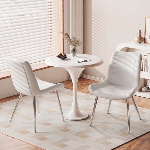 Modern Faux Leather Dining Chairs Set of 2, Upholstered Kitchen & Dining Room Chairs with Backrest, Durable Metal Legs(White, Silver Legs)