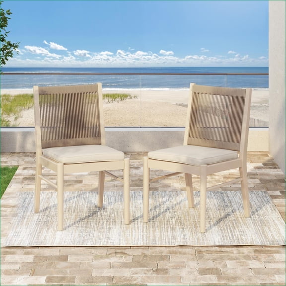 Dining Chairs | Set of 2, Modern, Solid Acacia Wood, Water Repellent Fabric, for Dining Room Home Office | Wood+Rope | Solid Back