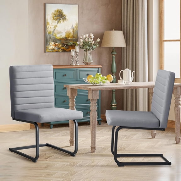 Dining Chairs Set of 2, Modern Upholstered Faux Leather Kitchen Chairs with Steel Legs, High Back, Armless Chairs for Dining Room, Kitchen, Grey