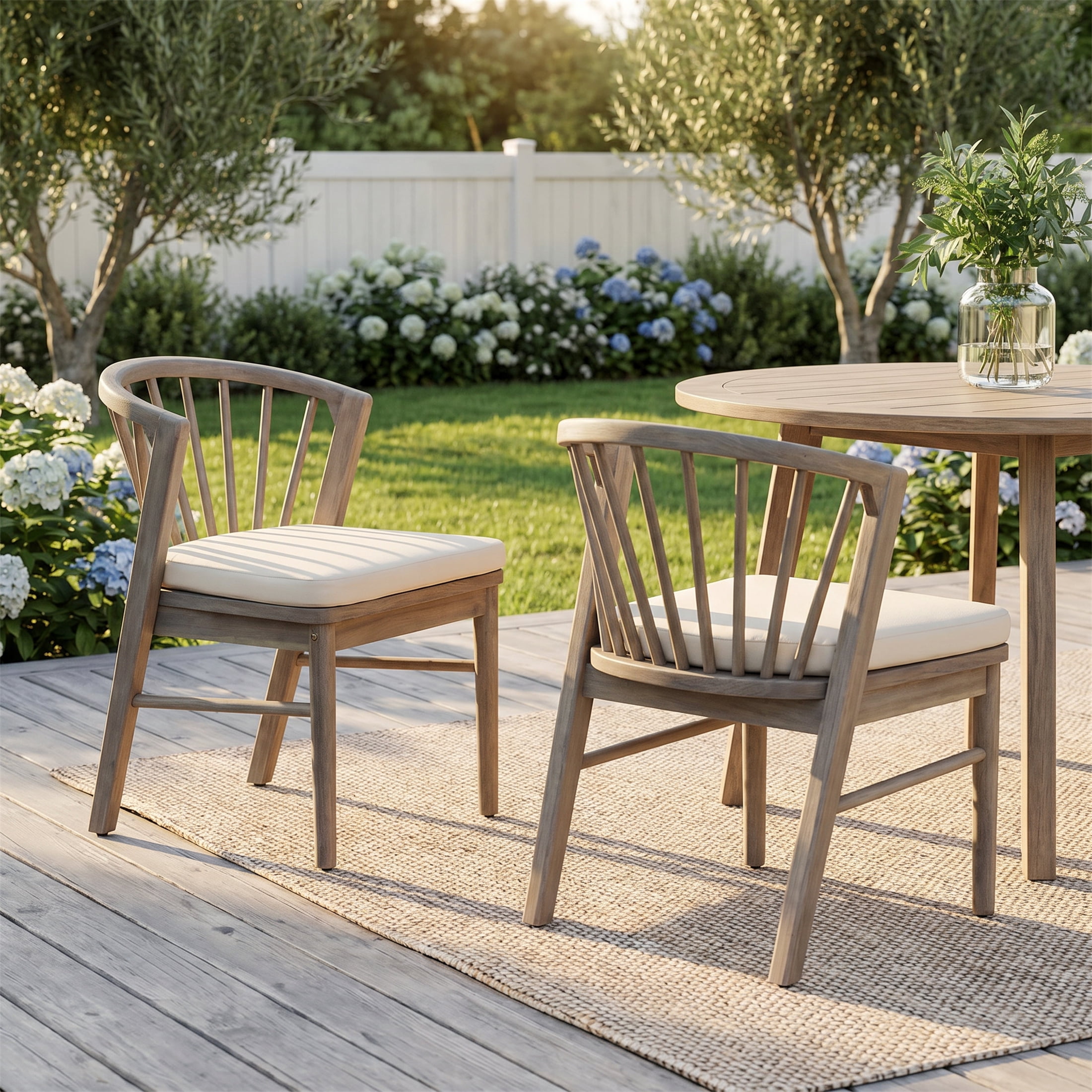 Dining Chairs Set of 2, Outdoor Acacia Wood Chairs with Cream Washable Cushion for Backyard, Light White