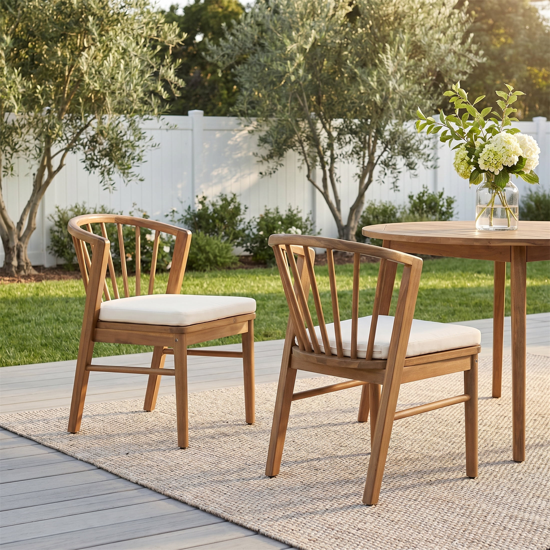 Dining Chairs Set of 2, Outdoor Acacia Wood Chairs with Cream Washable Cushion for Backyard, Teak