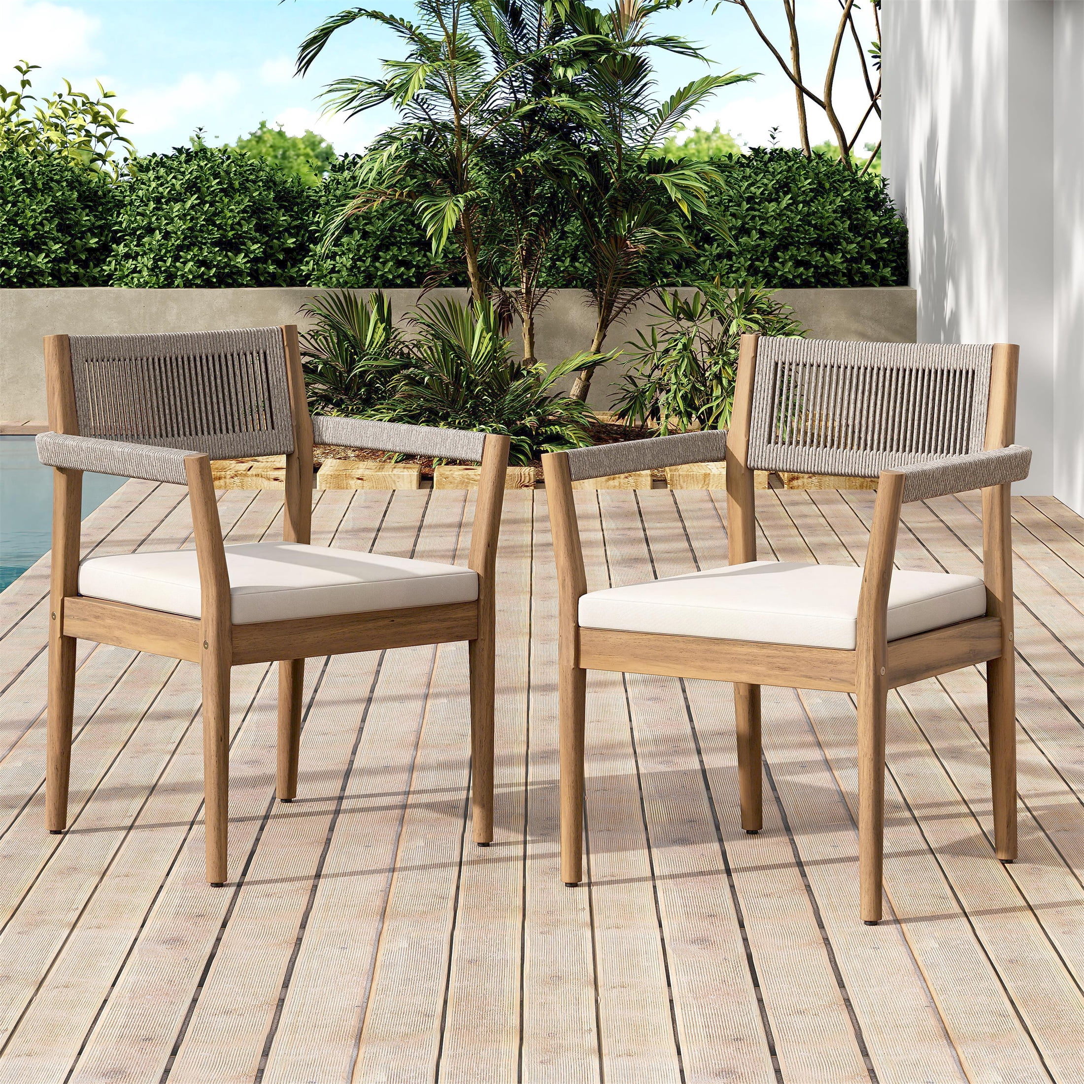 Dining Chairs Set of 2, Outdoor Braided Acacia Wood Chairs with Beige Rope and Cream Cushions for Patio, Teak