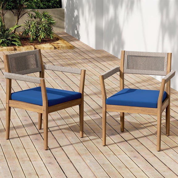 Dining Chairs Set of 2, Outdoor Braided Acacia Wood Chairs with Beige Rope and Navy Cushions for Patio, Teak