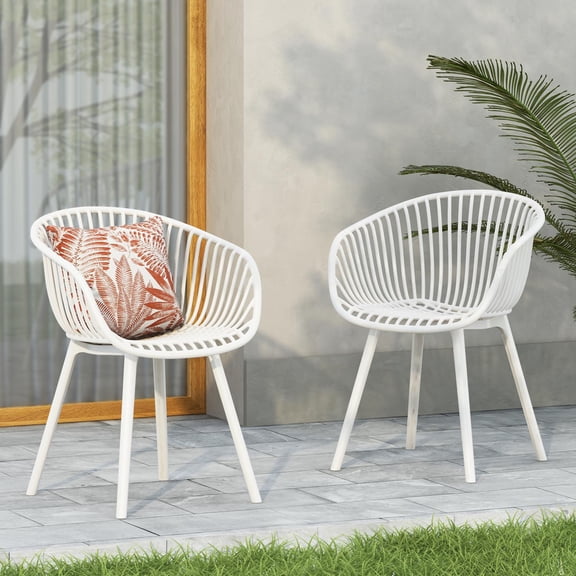 Dining Chairs, Set of 2 Outdoor Dining Chairs Plastic Resin, Modern Perforated Diamond Design Weather Resistant For Patio Garden, White