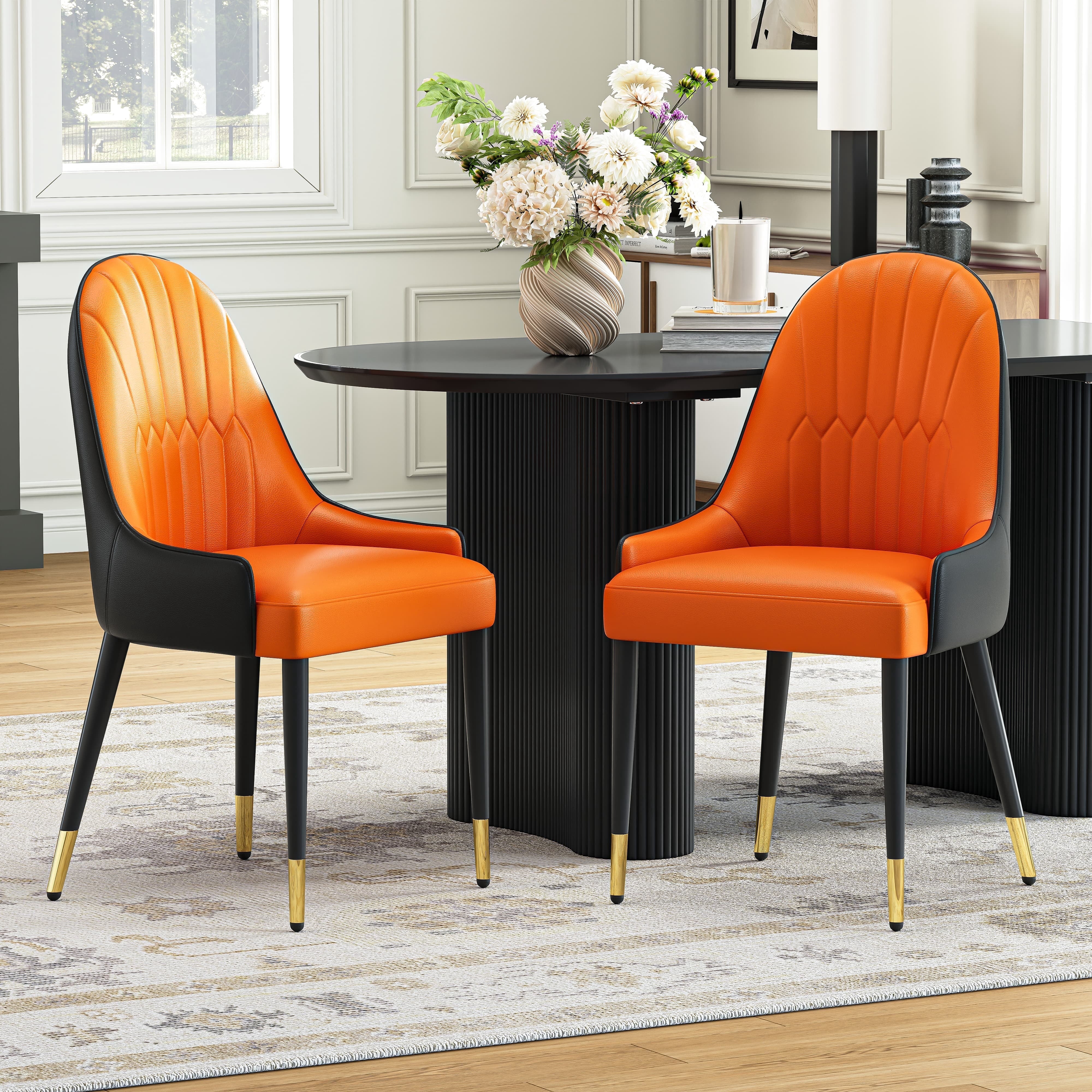 2-Piece Dining Chairs Set, Orange-Black PU Faux Leather Upholstery with Metal Frame, Modern Design for Kitchen, Living Room, Office
