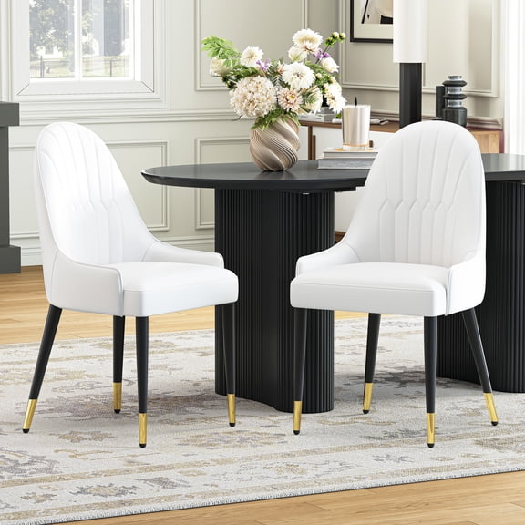 2-Piece Dining Chairs Set, White PU Faux Leather Upholstery with Metal Frame, Modern Design for Kitchen, Living Room, Office