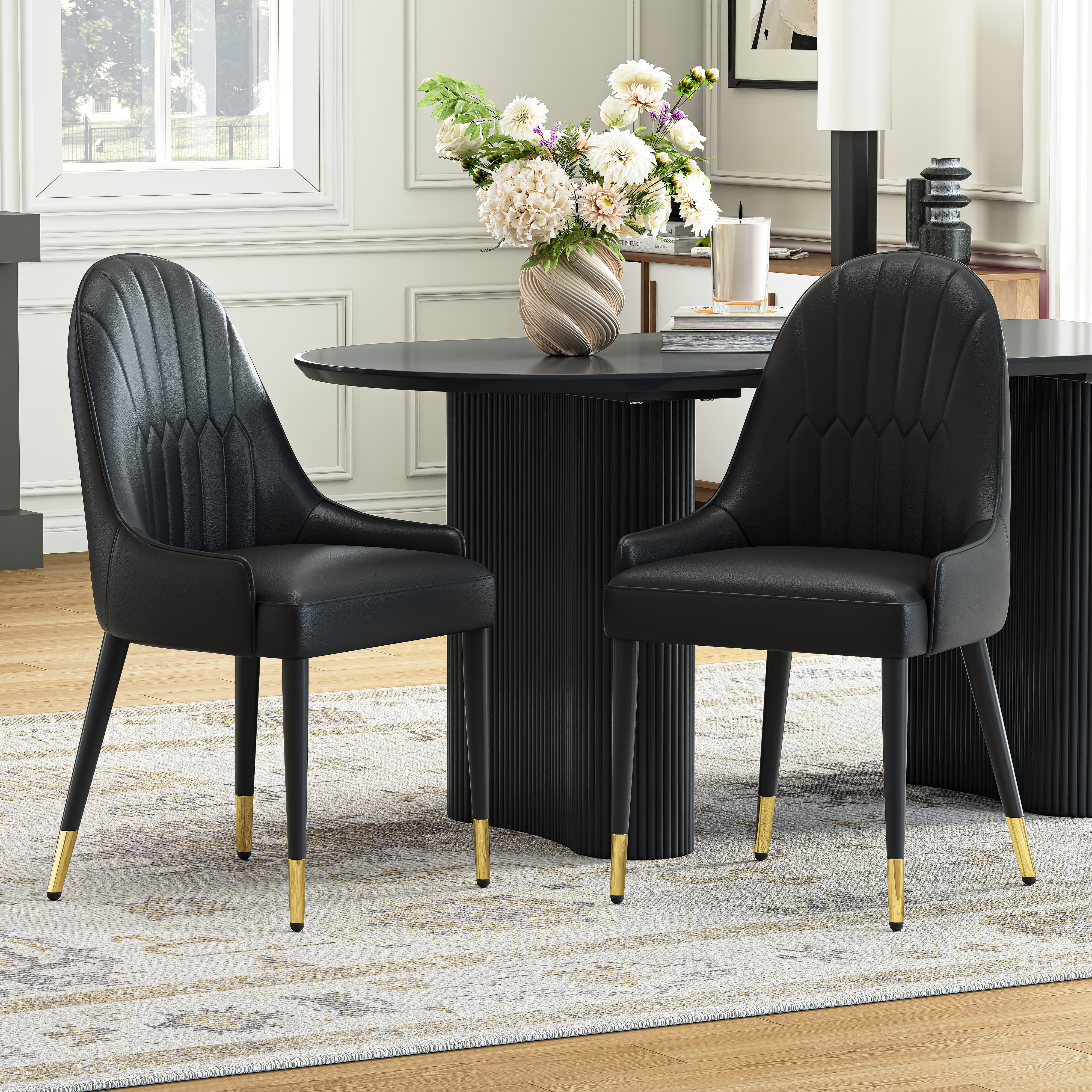 2-Piece Dining Chairs Set, Black PU Faux Leather Upholstery with Metal Frame, Modern Design for Kitchen, Living Room, Office