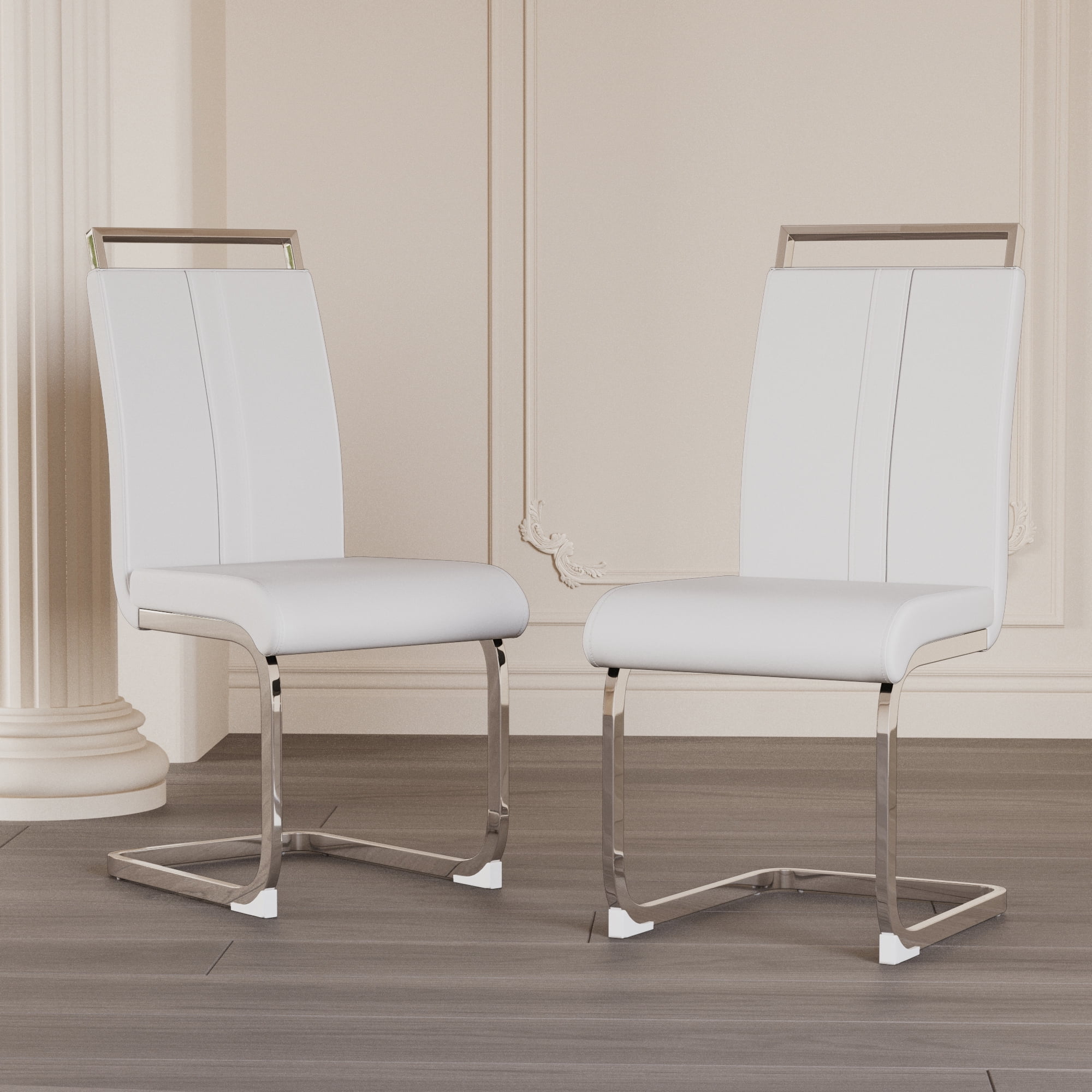 Dining Chairs Set of 2 PU Leather High Back Upholstered Chairs with Gold Metal Legs for Home Kitchen Dining Room Patio, White