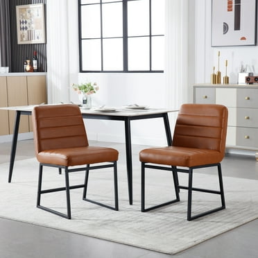 Dining Chairs Set of 2, PU Leather/Linen Dining Room Chairs, Armless Upholstered Kitchen Chair with Metal Legs