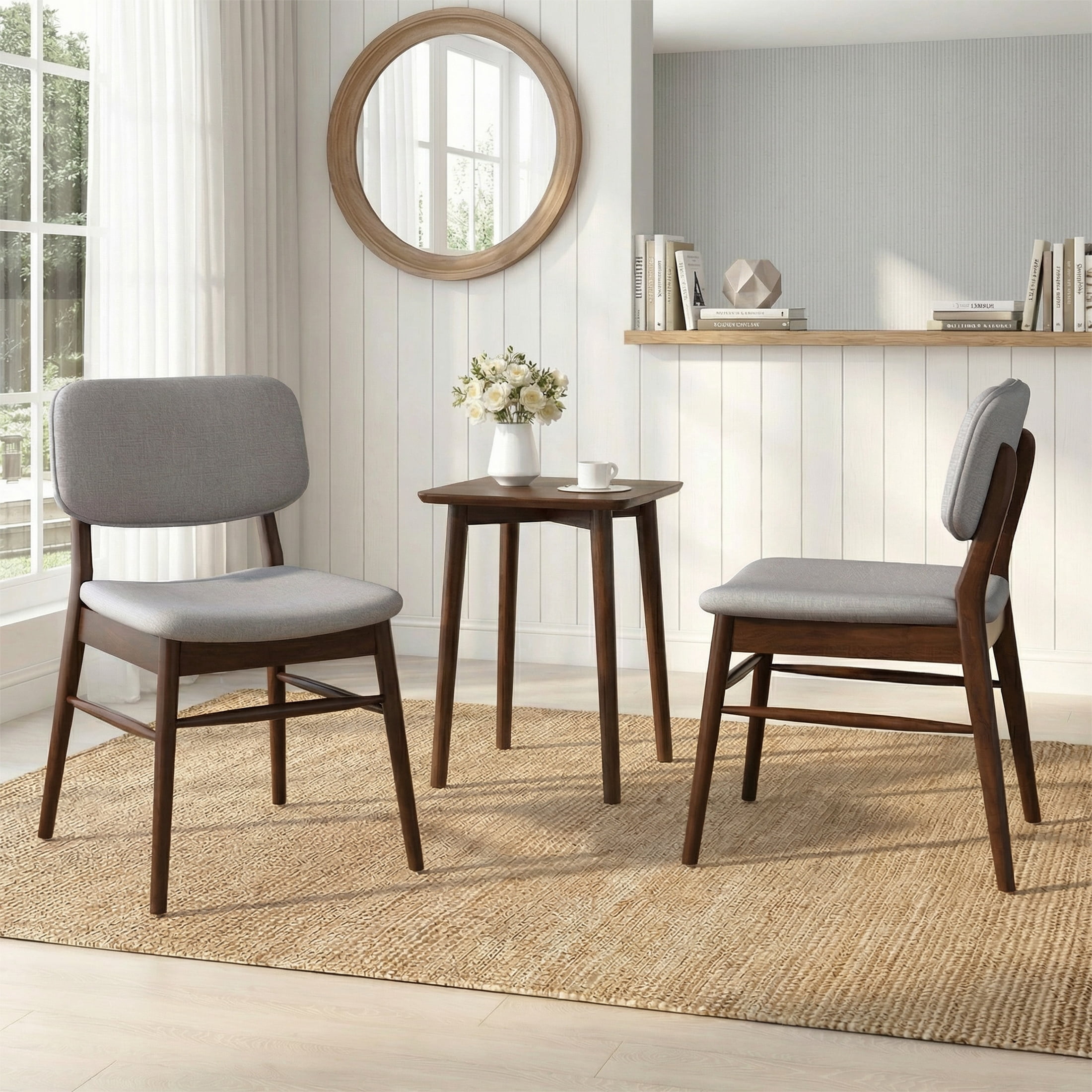 Dining Chairs Set of 2, Rubberwood Chairs with Upholstered Seat for Living Room, Dining Room, Walnut + Light Gray