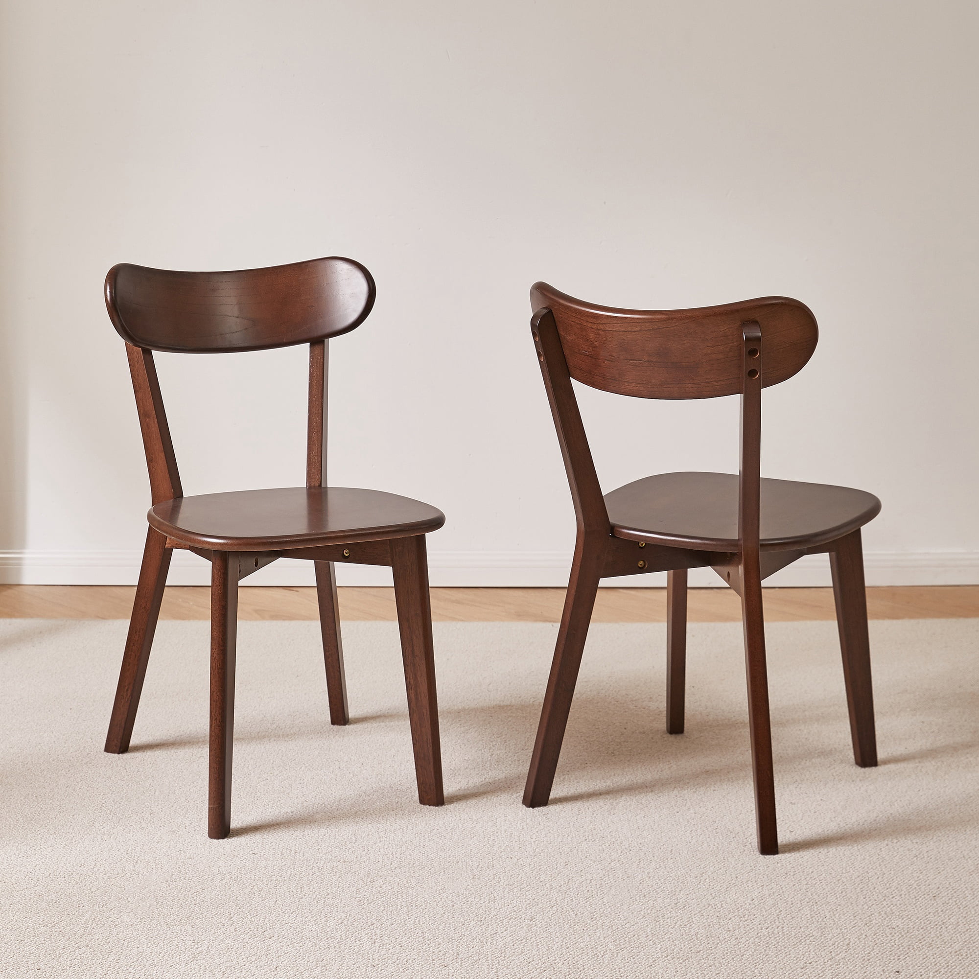Dining Chairs Set of 2, Solid Rubberwood Kitchen Chairs with Curved Backrest, Wooden Accent Chairs for Vanity and Breakfast Nook, Dark Walnut