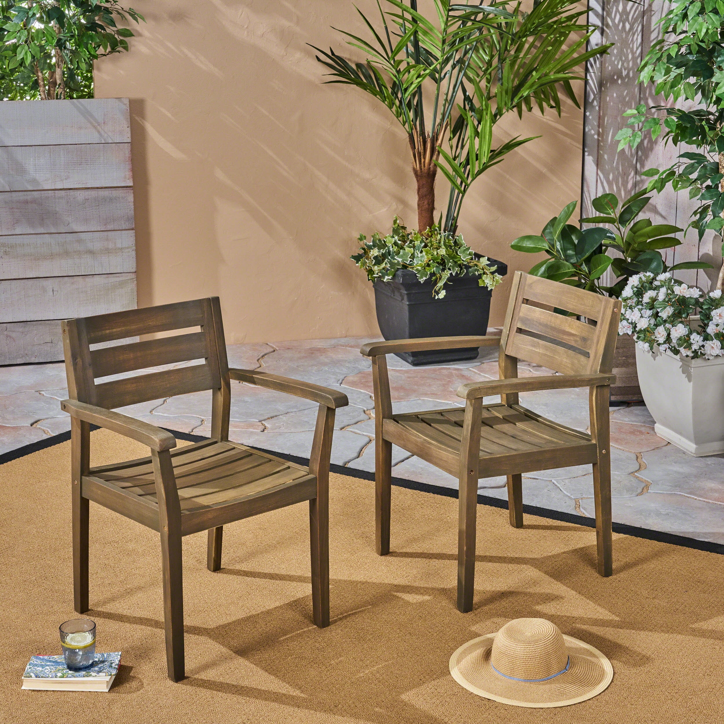 Dining Chairs Set of 2, Stamford Outdoor Acacia Wood Armchairs for Backyard Poolside, Grey