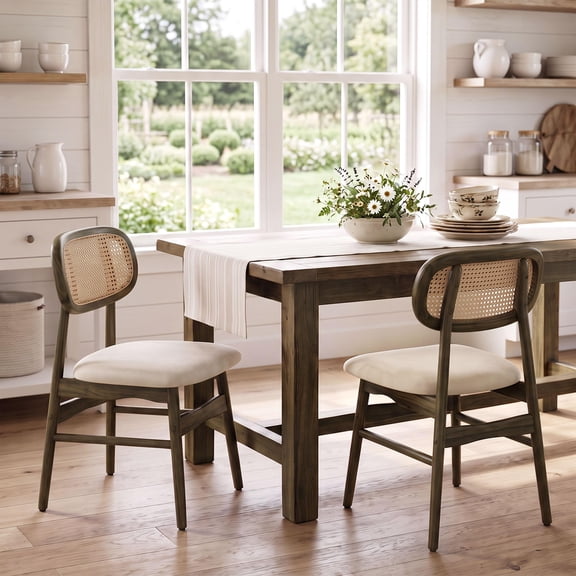Dining Chairs Set of 2, Upholstered Kitchen Chairs with Rattan Ergonomic Cane Back