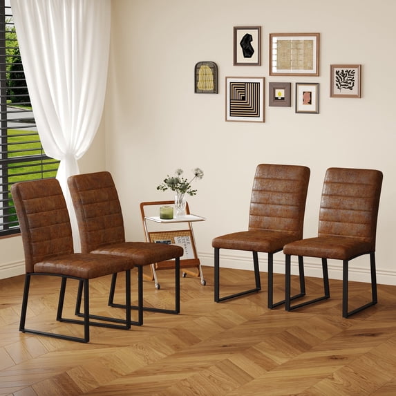 Dining Chairs Set of 4, High Back PU Leather Kitchen Chairs Modern Brown Dining Room Chairs with Black Metal Legs for Living Room, Restaurant