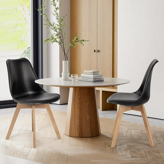 Dining Chairs, Set of 4 Kitchen Chairs with Wood Legs, PU Leather Cushion, Living Room Bedroom, Black