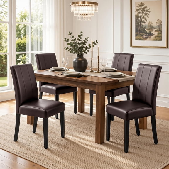 Dining Chairs Set of 4, Modern Upholstered Parsons Side Chairs with Sturdy Wood Legs, Easy-Clean Faux Leather Kitchen Dining Room Seating, Brown