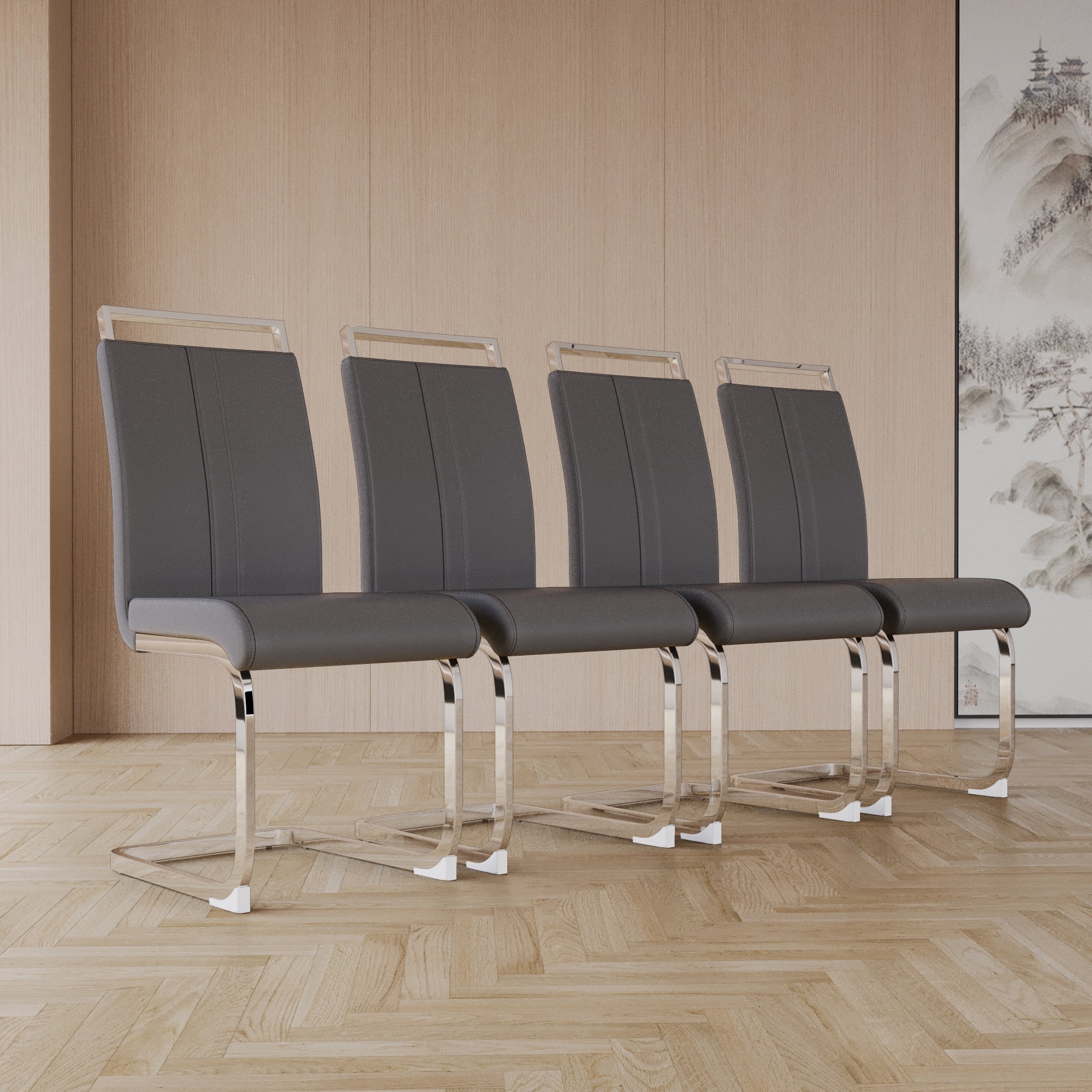 Dining Chairs Set of 4 PU Leather High Back Upholstered Chairs with Gold Metal Legs for Home Kitchen Dining Room Patio, Grey