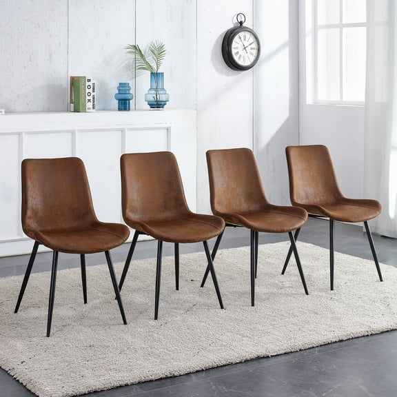 SUDICA Set of 4 Brown Faux Suede Dining Chairs, Modern Upholstered Chairs with Wide Seat and Black Metal Legs for Dining Room