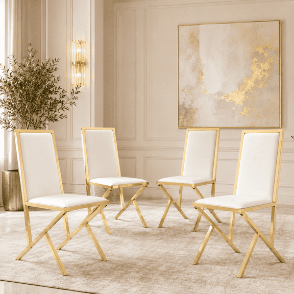 Dining Chairs Set of 4 White PU Leather Gold Metal 36.2" for Kitchen